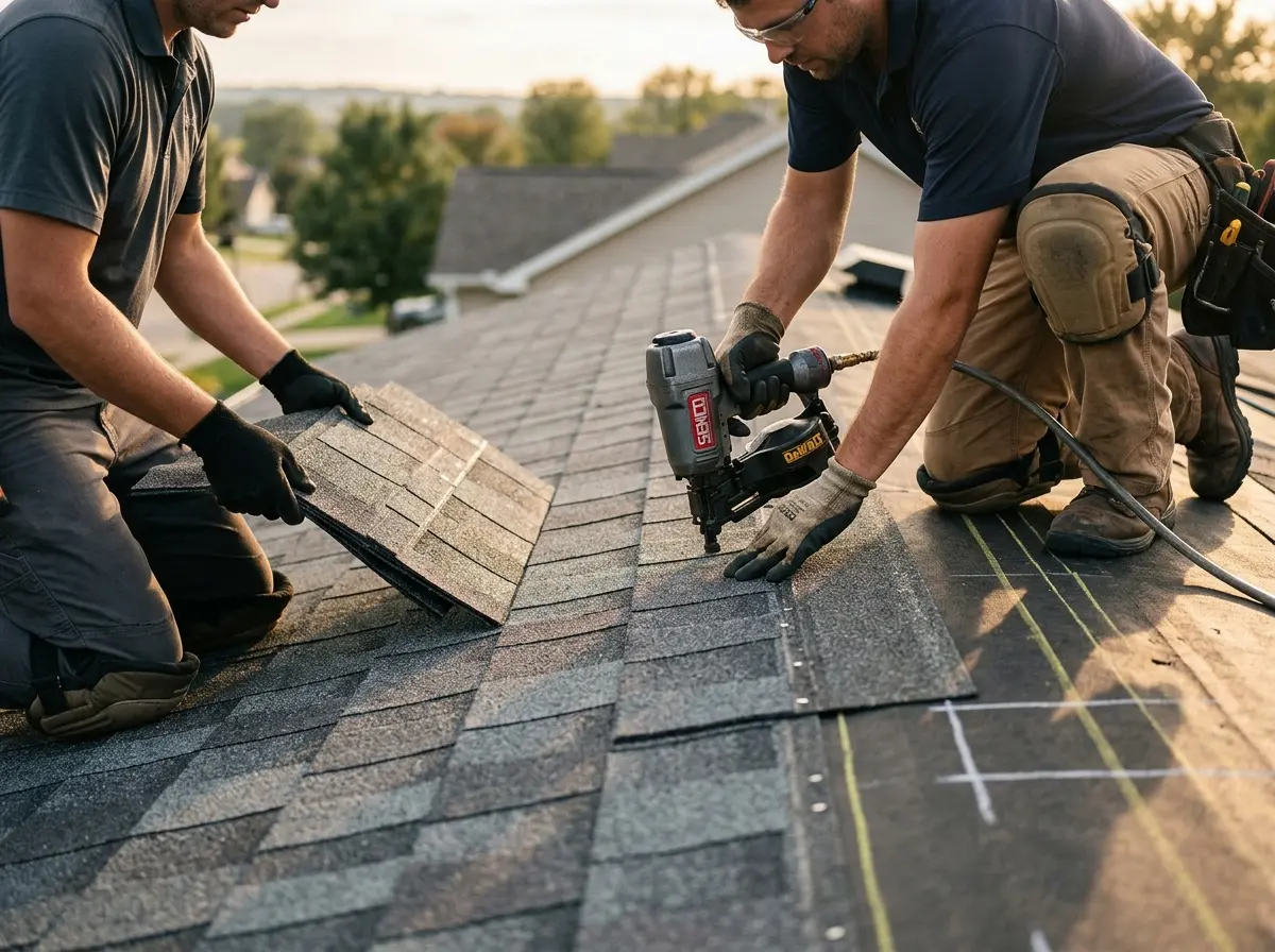 Professional roofer working on a residential roof in Creswell